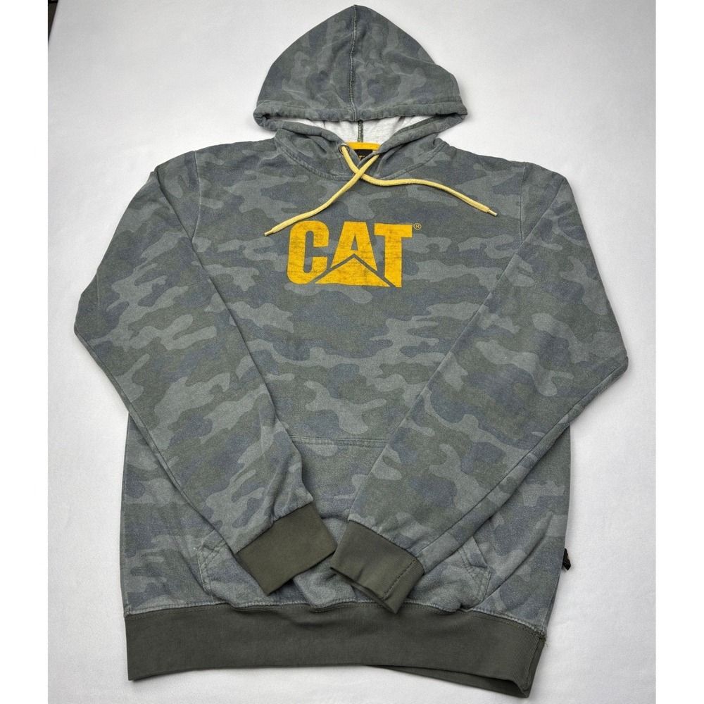 CAT Camo Hoodie Mens Medium Caterpillar Yellow Logo Pullover Workwear Sweatshirt